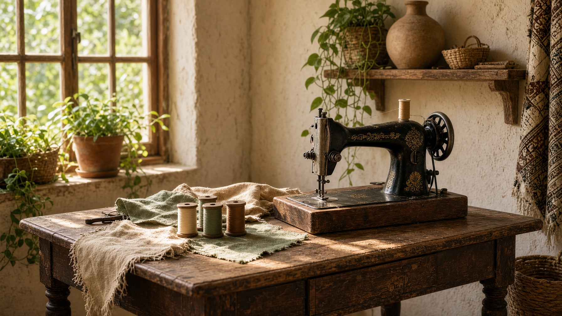 Taller de costura: máquina, hilos y mesa de madera
